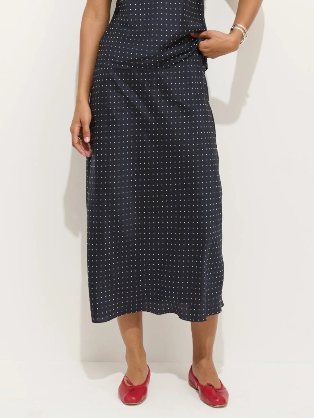 Alex Mill Amelia Navy Polka Dot Skirt in Silk